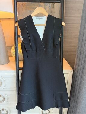 Black V-Neck Mini Dress with Flared Hem by Maje